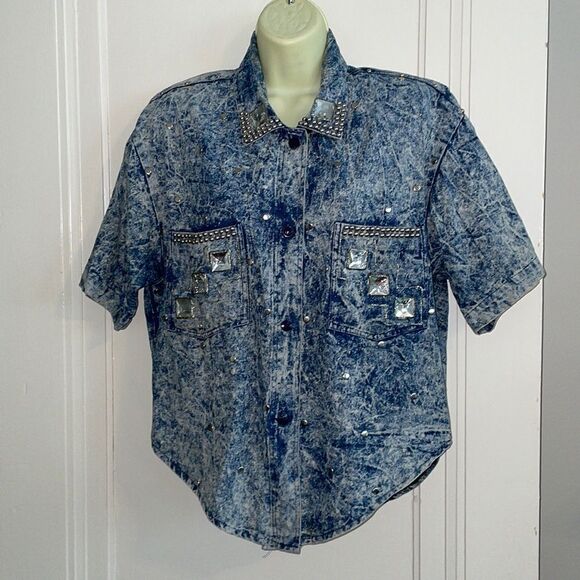 Vtg early 90s Mari-lyn blue denim acid wash bling stud embellished shirt - Picture 1 of 10